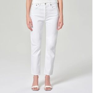 AGOLDE Riley High Rise Straight Button Fly Cropped Jeans in Sour Cream, Size 27